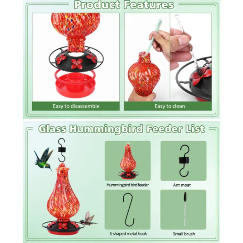 28 oz - Hand Blown Glass Hummingbird Feeder for Outdoors